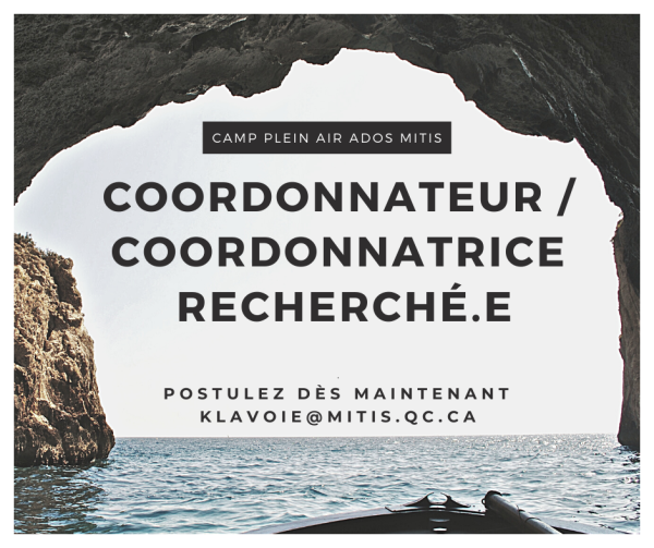 COORDONNATEUR.TRICE RECHERCHÉ.E | Camp plein air ados Mitis